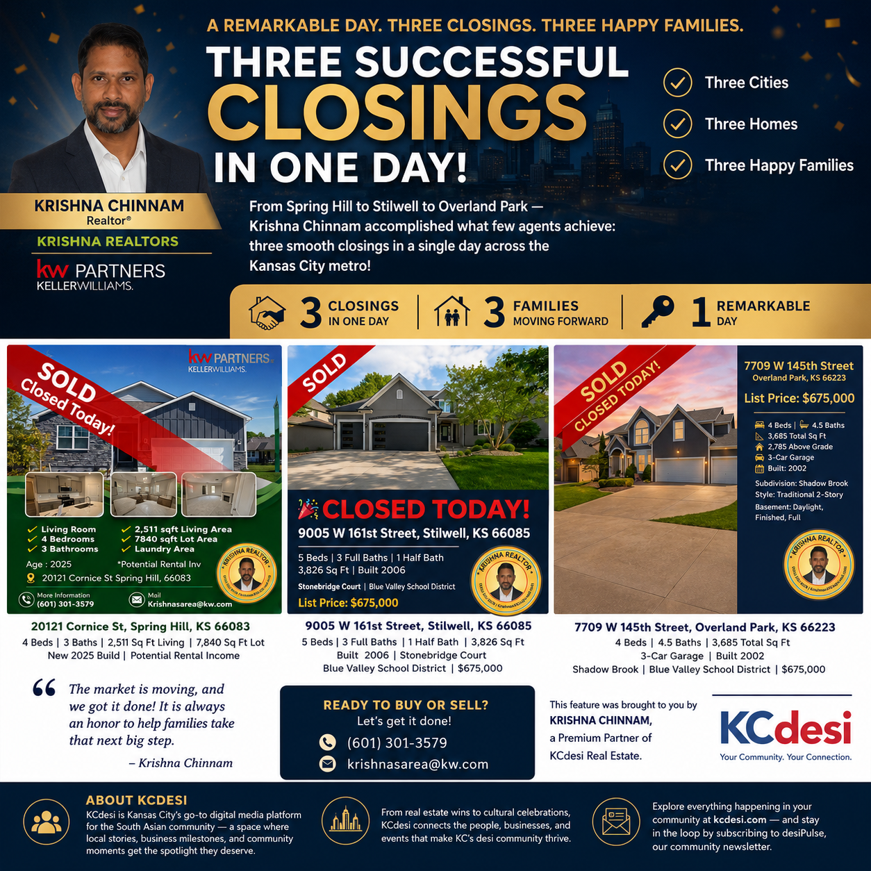 Krishna Chinnam Closes Three Homes in a Single Day — Spring Hill, Stilwell, and Overland Park