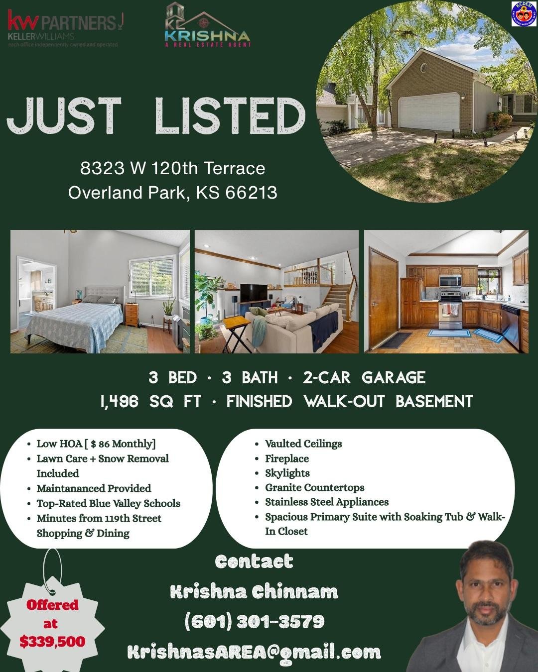 Listed by Krishna Realtor — 3-Bed Townhome in Overland Park’s Blue Valley District