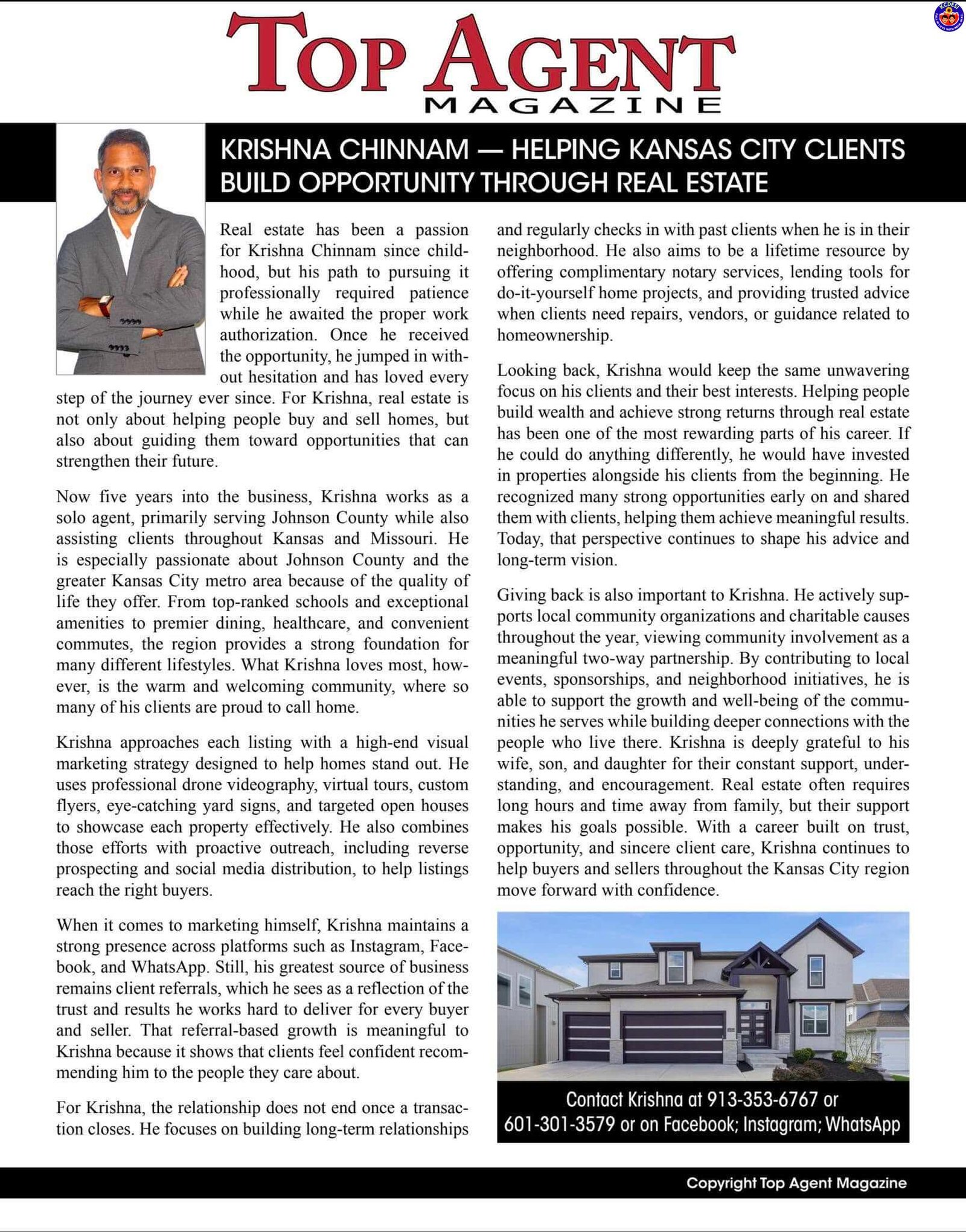 Krishna Chinnam Featured in Top Agent Magazine: Building Opportunity Through Kansas City Real Estate